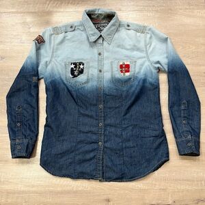 Affliction Women’s Speak Out Loud Ombre Button Up Shirt Medium Long Sleeve Denim